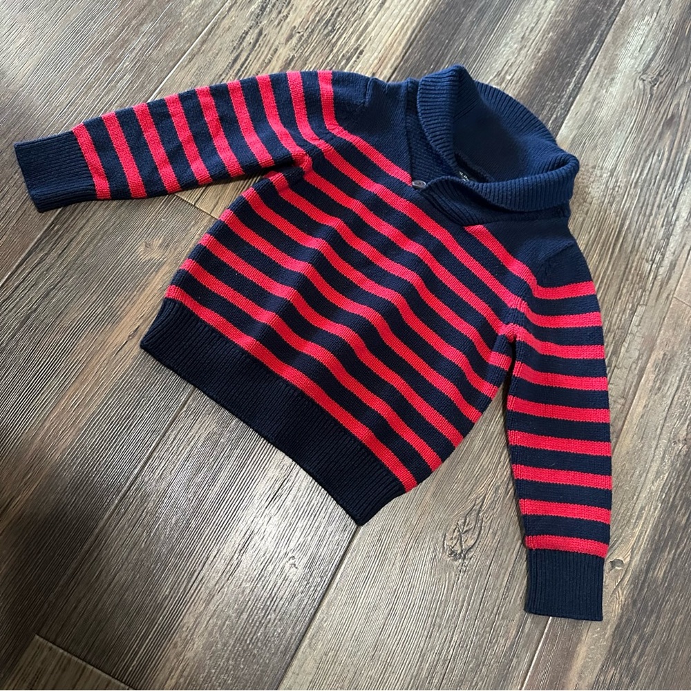 OshKosh B'gosh striped navy blue and red sweater cowl neck with button BOYS 4